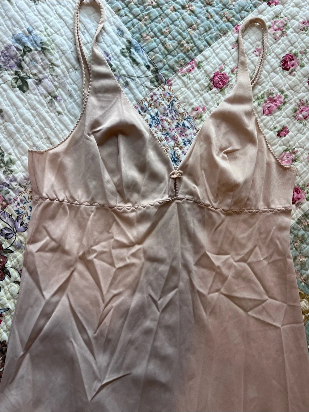 Vintage Formfit Rogers Embroidered Scallop V-Neck Full Slip Dress 34 Tall Beige - Picture 2 of 10